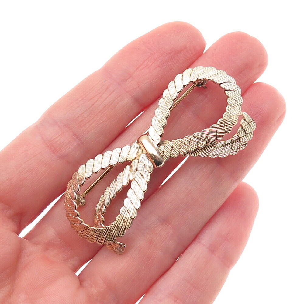 Napier 925 Sterling Silver Gold Plated Vintage Ribbed Bow Pin Brooch
